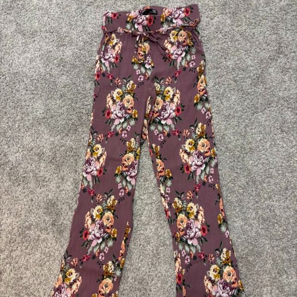 BNWOT Women's Dark Mauve Floral Thin Linen Lightweight Lounge Pants Size M - Picture 1 of 5